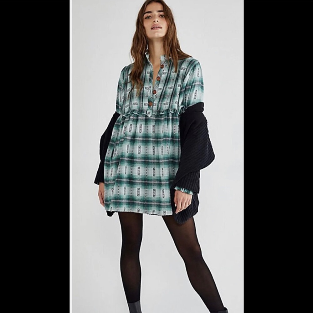 Free People Redwood Flannel Mini Dress Babydoll Ruffled Plaid Green Black XS